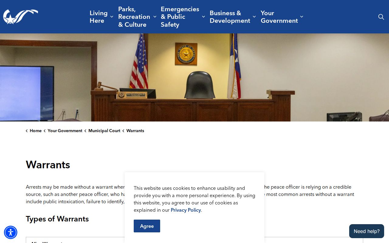 Brazos County bench warrant terminology in College Station municipal court guidance