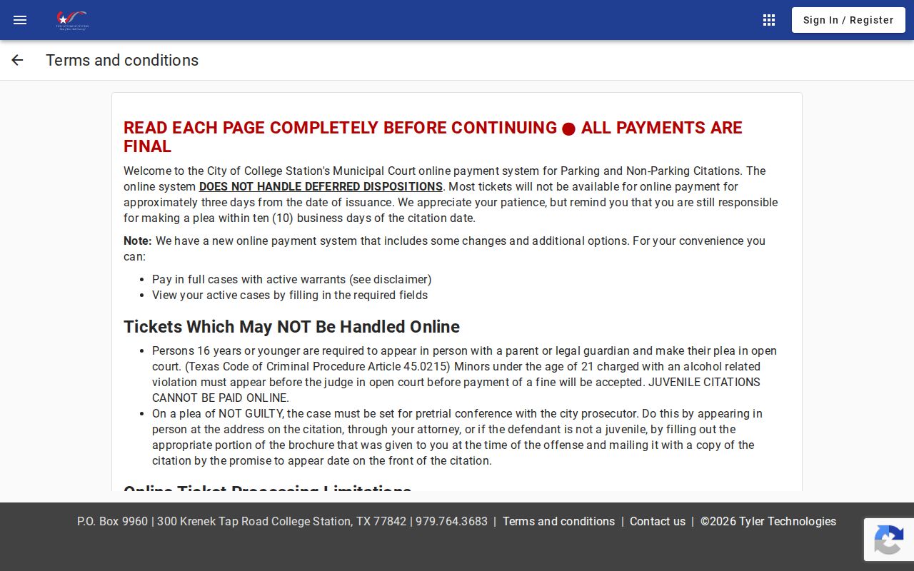 Brazos County traffic warrant online case payment terms for College Station