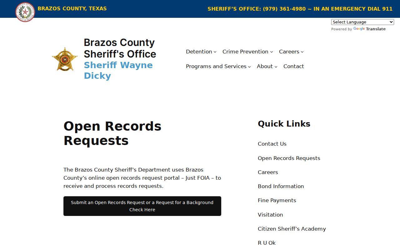 Brazos County Sheriff warrant records request information